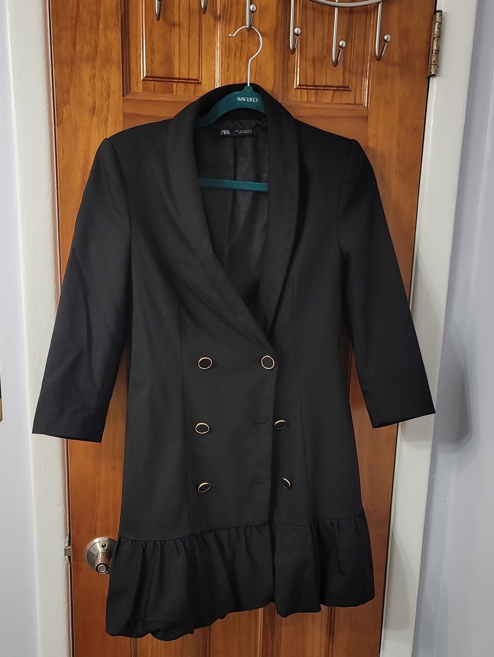 Zara Black Double-Breasted Ruffle Hem Blazer Coat